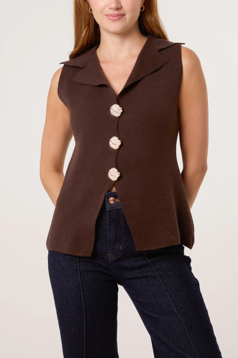Chloe Gold Button Lapel Collar Knitted Waistcoat - Image 13